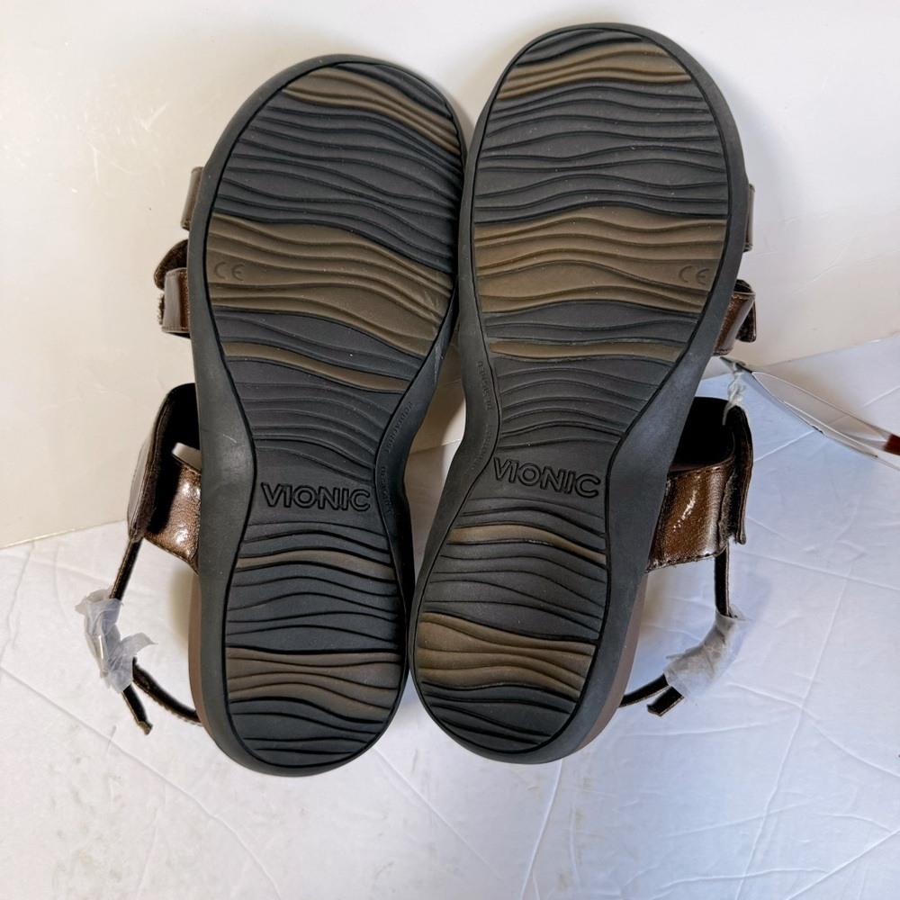 Vionic NEW Teagan 3 Strap Patent Bronze Faux Leather Adjustable Sandals Slides 8 - Picture 8 of 16